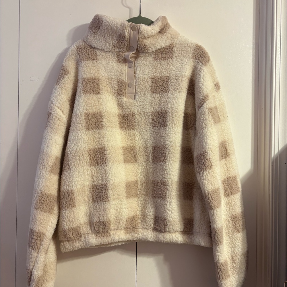 SO Cream and Tan Plaid Turtleneck Sweater